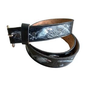 Full Grain Cowhide Black Leather Painted Embossed Eagle Belt 7 Holes